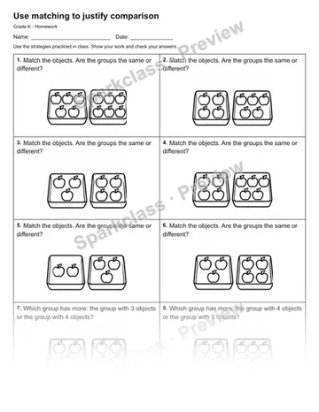 Use matching to justify comparison — Homework — Kindergarten worksheet preview