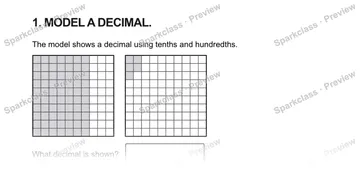 1. MODEL A DECIMAL. The model shows a decimal using tenths and hundredths. What decimal is shown? — Grade 5 problem preview