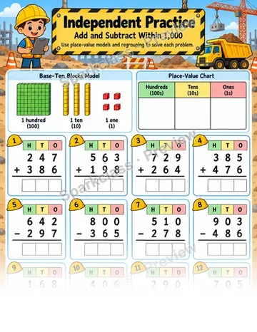 Construction Site · Three-Digit Addition and Subtraction — Grade 2 worksheet preview