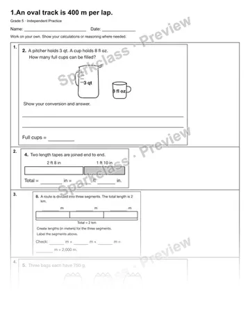 1.An oval track is 400 m per lap. — Independent Practice — Grade 5 worksheet preview