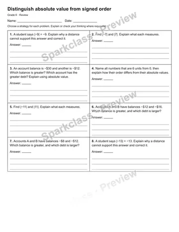 Distinguish absolute value from signed order — Review — Grade 6 worksheet preview