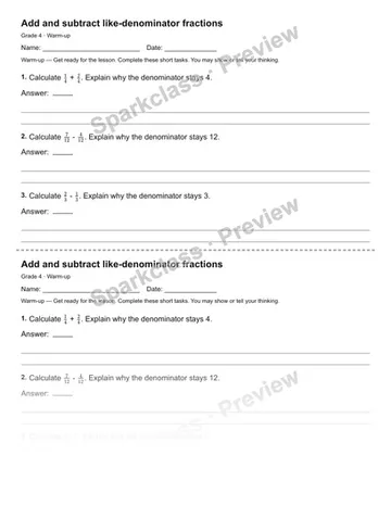 Add and subtract like-denominator fractions — Warm-up — Grade 4 worksheet preview