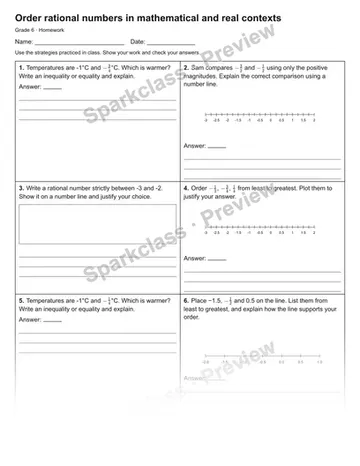 Order rational numbers in mathematical and real contexts — Homework — Grade 6 worksheet preview