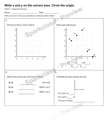Write x and y on the correct axes. Circle the origin. — Independent Practice — Grade 5 worksheet preview