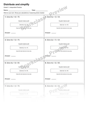 Distribute and simplify — Independent Practice — Grade 8 worksheet preview
