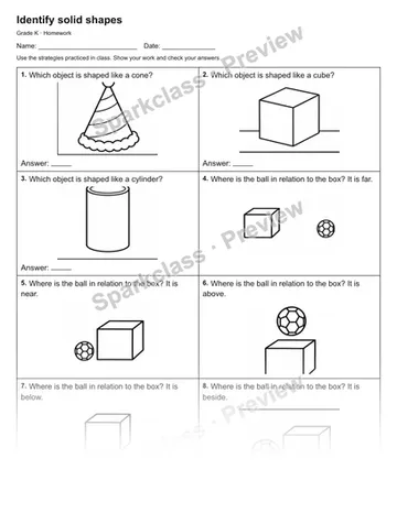 Identify solid shapes — Homework — Kindergarten worksheet preview
