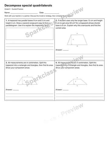 Decompose special quadrilaterals — Guided Practice — Grade 6 worksheet preview