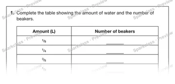1. Complete the table showing the amount of water and the number of beakers. Amount (L) Number of beakers 1 / 8 1 / 4 3 / 8 1 / 2 — Grade 5 problem preview