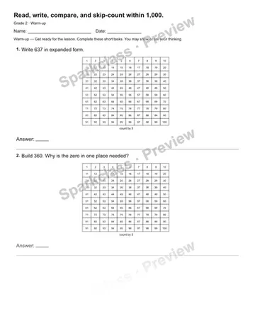 Read, write, compare, and skip-count within 1,000. — Warm-up — Grade 2 worksheet preview