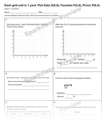 Each grid unit is 1 yard. Plot Gate G(0,0), Fountain F(2,4), Picnic P(6,4). — Homework — Grade 5 worksheet preview