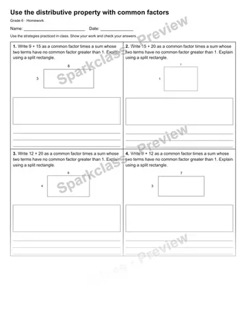 Use the distributive property with common factors — Homework — Grade 6 worksheet preview