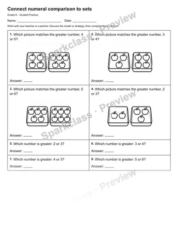 Connect numeral comparison to sets — Guided Practice — Kindergarten worksheet preview