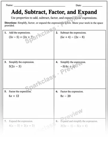 7.EE.A.1 · Add, subtract, factor, expand linear expressions — Grade 7 worksheet preview
