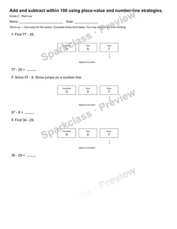 Add and subtract within 100 using place-value and number-line strategies. — Warm-up — Grade 2 worksheet preview