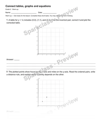 Connect tables, graphs and equations — Warm-up — Grade 6 worksheet preview