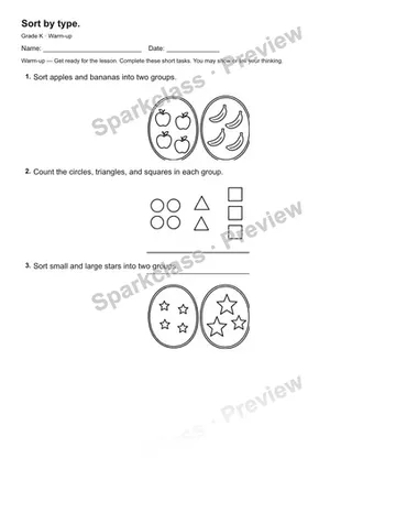 Sort by type. — Warm-up — Kindergarten worksheet preview