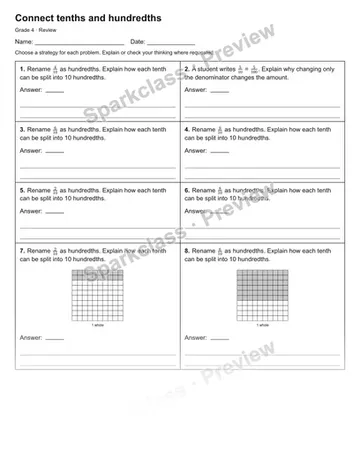 Connect tenths and hundredths — Review — Grade 4 worksheet preview