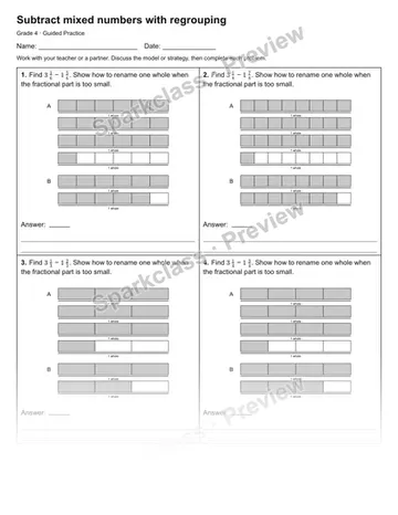 Subtract mixed numbers with regrouping — Guided Practice — Grade 4 worksheet preview