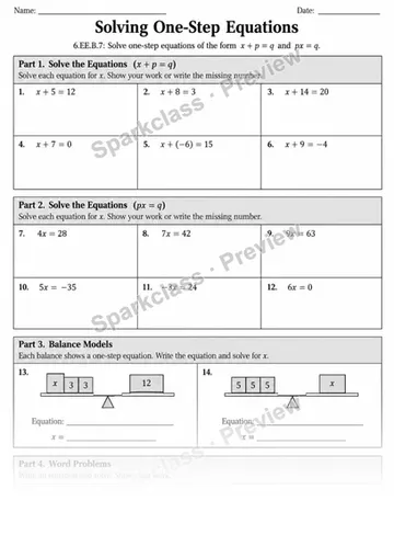 One-Step Equations — Grade 6 worksheet preview