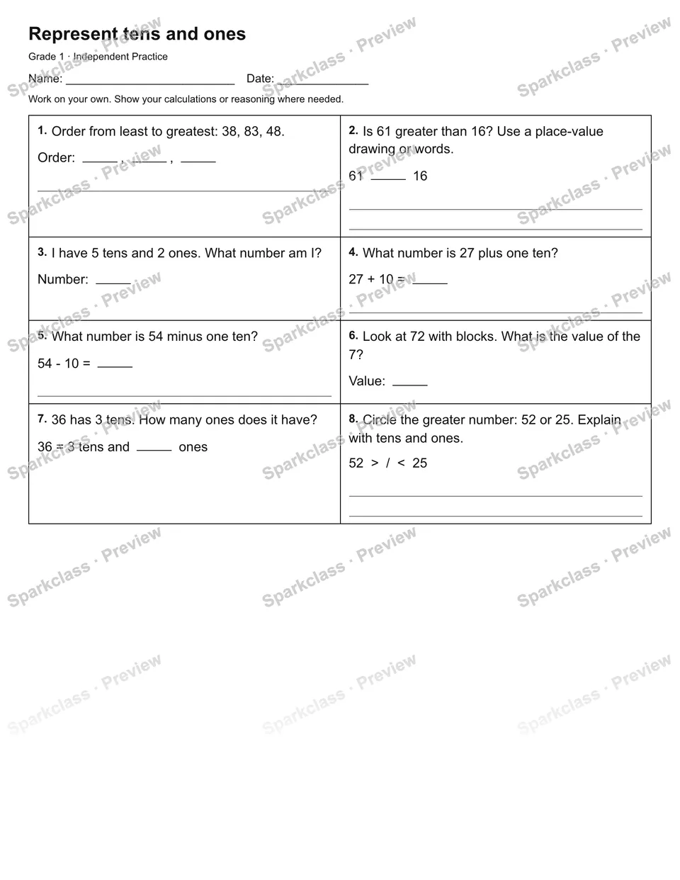 Represent tens and ones — Independent Practice — page 1