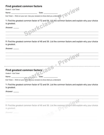 Find greatest common factors — Exit Ticket — Grade 6 worksheet preview