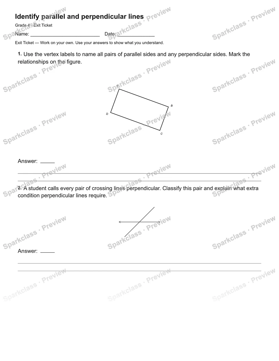 Identify parallel and perpendicular lines — Exit Ticket — page 1