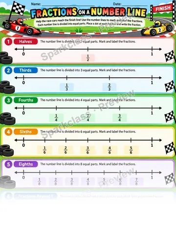 Fraction Number Line Race — Grade 3 worksheet preview