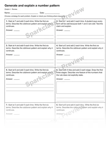 Generate and explain a number pattern — Review — Grade 4 worksheet preview