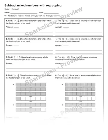 Subtract mixed numbers with regrouping — Homework — Grade 4 worksheet preview