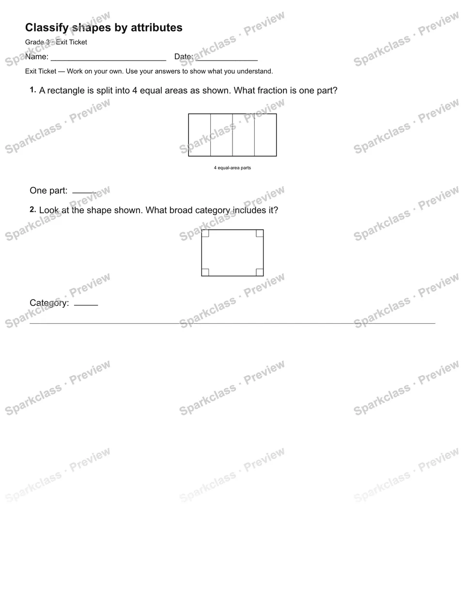 Classify shapes by attributes — Exit Ticket — page 1