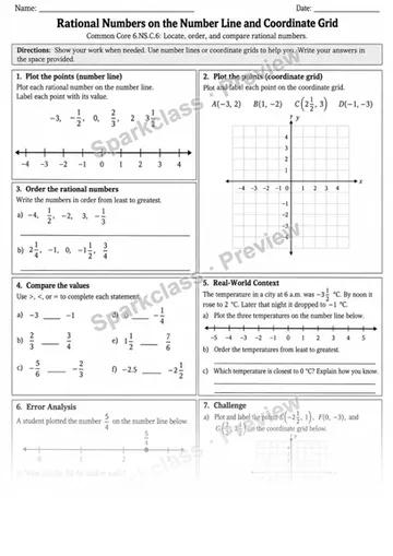 6.NS.C.6 · 6 Rational Number Grid Independent 3 — Grade 6 worksheet preview