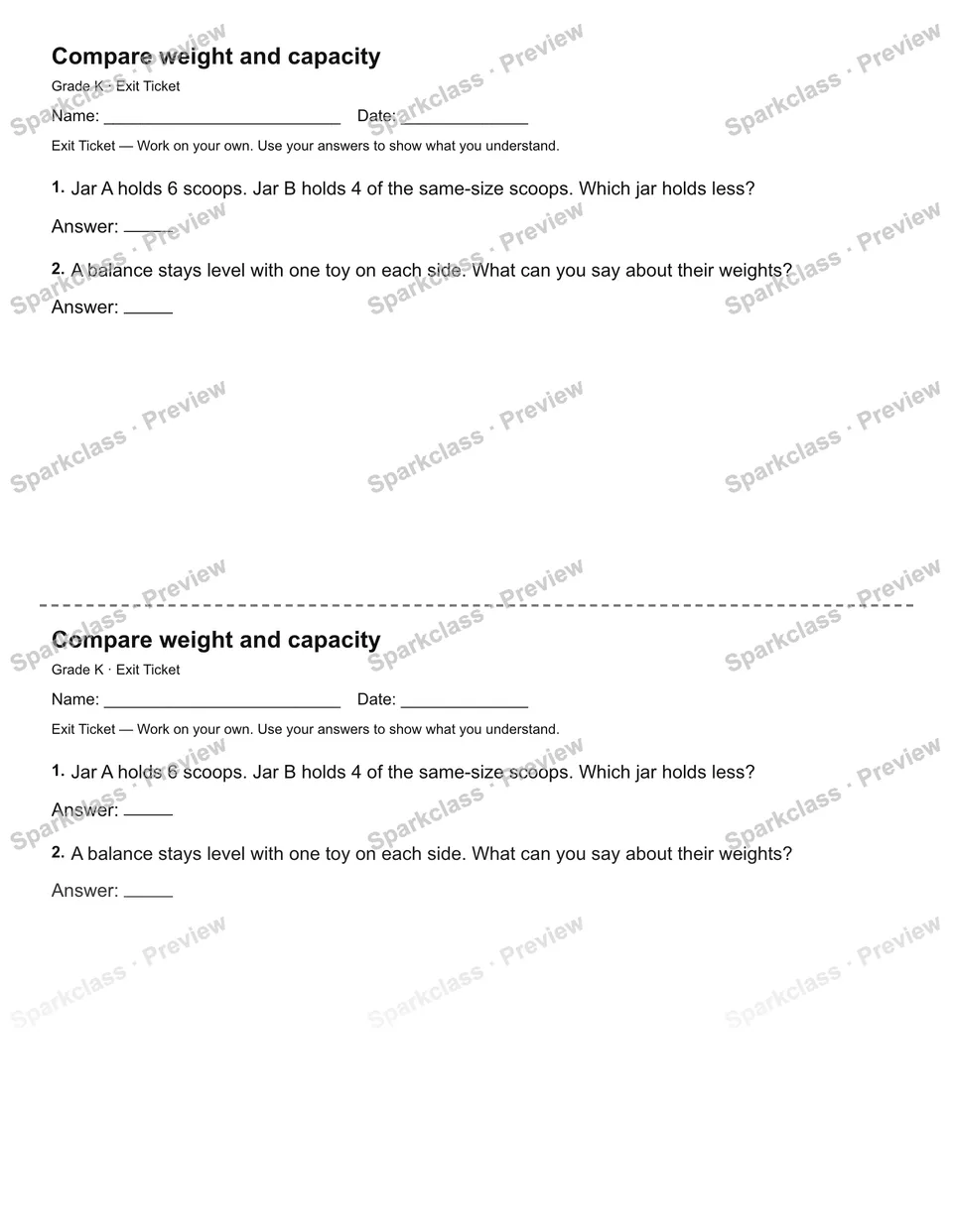 Compare weight and capacity — Exit Ticket — page 1