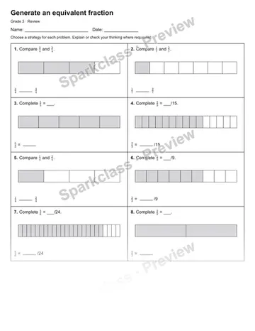 Generate an equivalent fraction — Review — Grade 3 worksheet preview