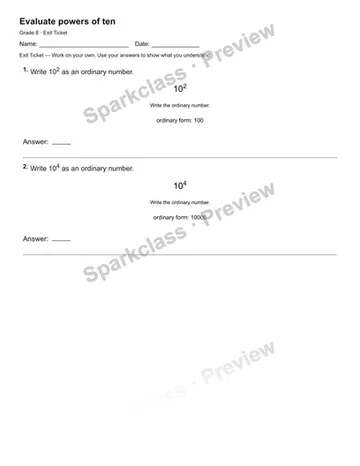 Evaluate powers of ten — Exit Ticket — Grade 8 worksheet preview