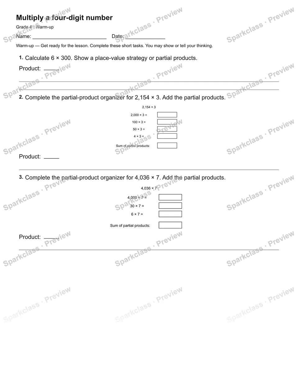 Multiply a four-digit number — Warm-up — page 2