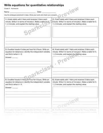 Write equations for quantitative relationships — Homework — Grade 6 worksheet preview