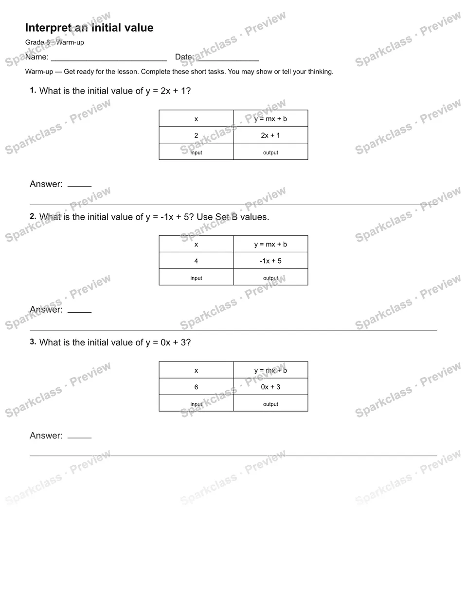 Interpret an initial value — Warm-up — page 1