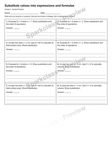 Substitute values into expressions and formulas — Guided Practice — Grade 6 worksheet preview
