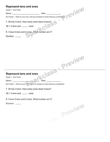 Represent tens and ones — Exit Ticket — Grade 1 worksheet preview
