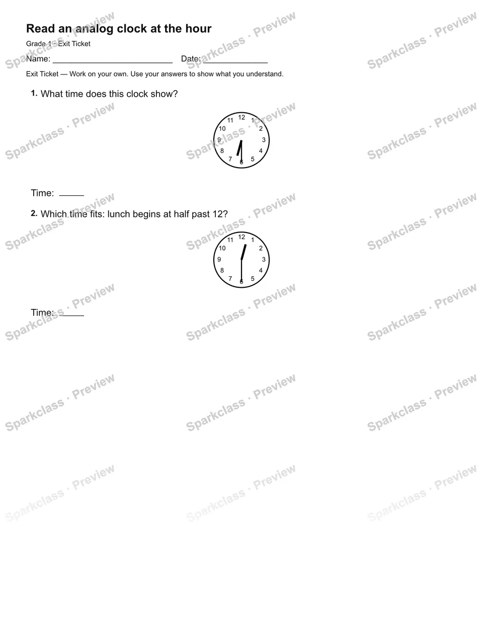 Read an analog clock at the hour — Exit Ticket — page 1