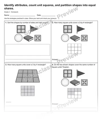 Identify attributes, count unit squares, and partition shapes into equal shares. — Homework — Grade 2 worksheet preview
