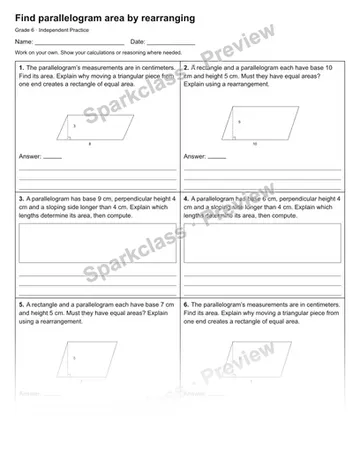 Find parallelogram area by rearranging — Independent Practice — Grade 6 worksheet preview