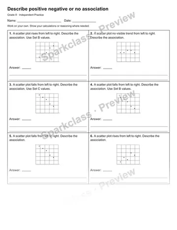 Describe positive negative or no association — Independent Practice — Grade 8 worksheet preview