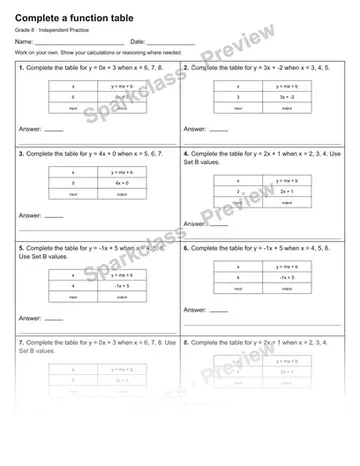 Complete a function table — Independent Practice — Grade 8 worksheet preview