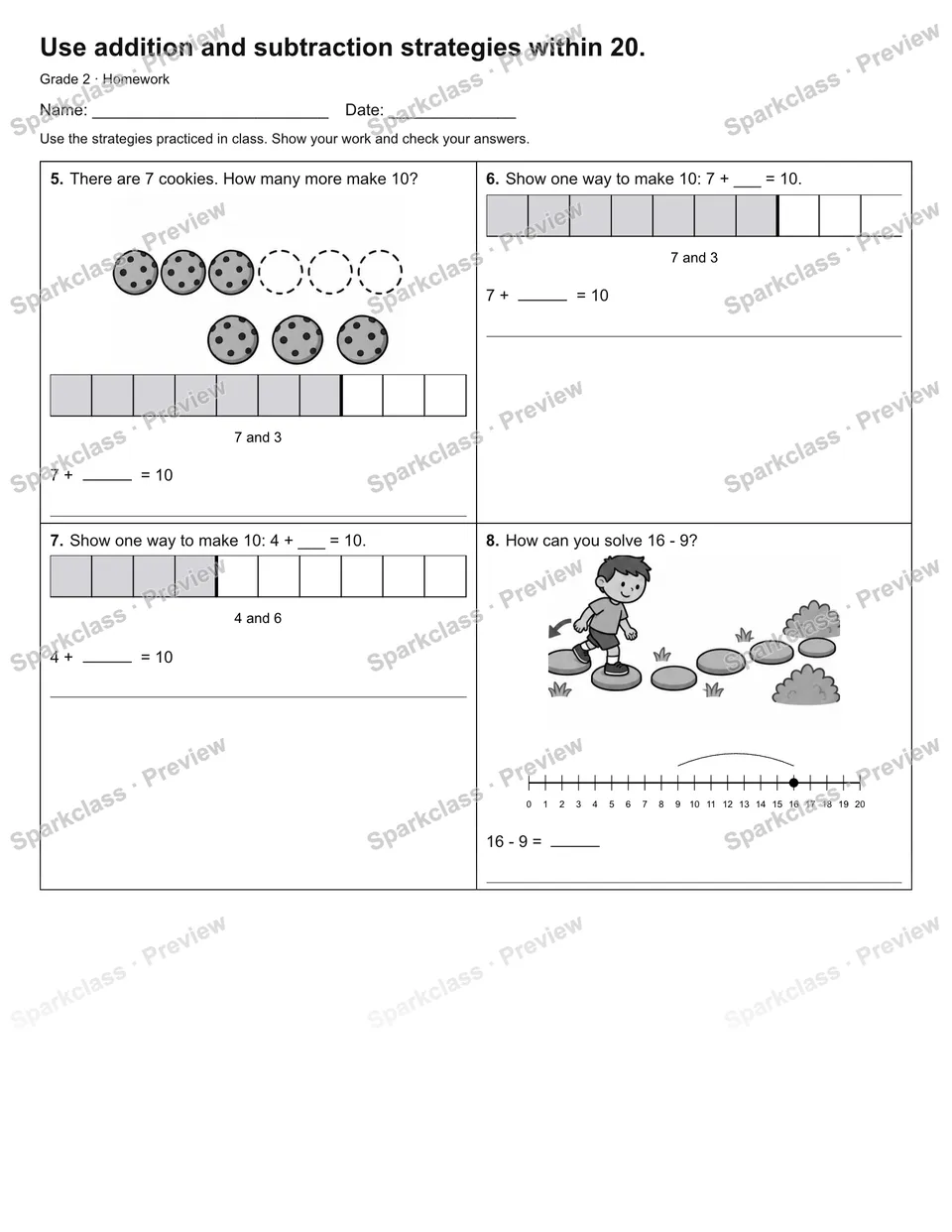 Use addition and subtraction strategies within 20. — Homework — page 2