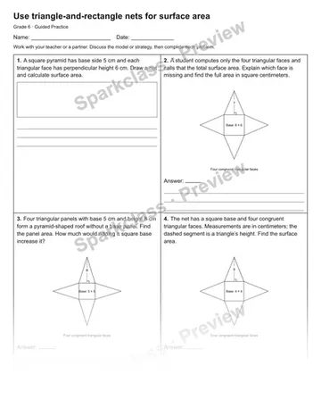Use triangle-and-rectangle nets for surface area — Guided Practice — Grade 6 worksheet preview