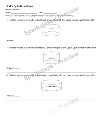 Find a cylinder volume — Warm-up — Grade 8 worksheet preview