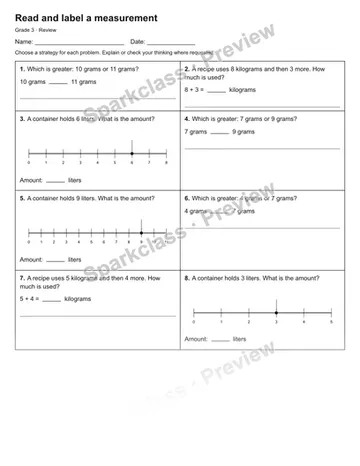 Read and label a measurement — Review — Grade 3 worksheet preview