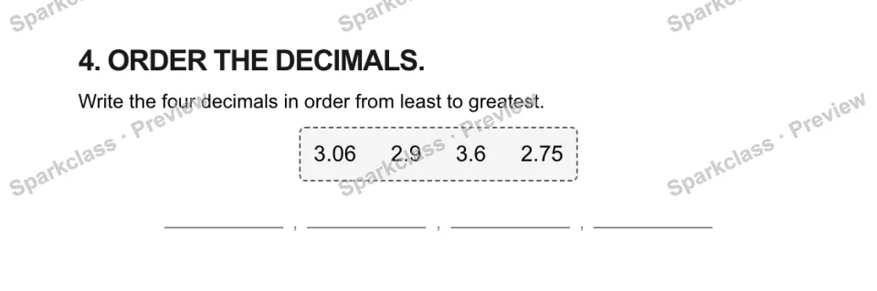 4. ORDER THE DECIMALS. Write the four decimals in order from least to greatest. 3.06 2.9 3.6 2.75 , , , — page 1