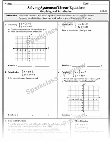 8.EE.C.8 · 8 Systems Graphing Substitution — Grade 8 worksheet preview